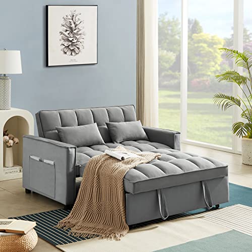 Antetek Convertible Sleeper Sofa Bed, 3 in 1 Velvet Loveseat Futon Sofa Couch with Pullout Bed, Small Love seat Lounge Chaise Armchair with Reclining Backrest, Toss Pillow for Living Room, Grey, 55