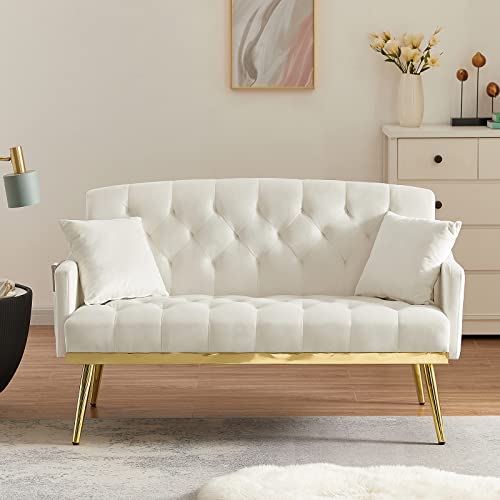 Antetek Upholstered Velvet Loveseat Sofa, Modern Small Sofa Couch with Side Pocket and Golden Metal Legs, Tufted Leisure Sofa for Living Room, Bedroom, Office, Light Beige