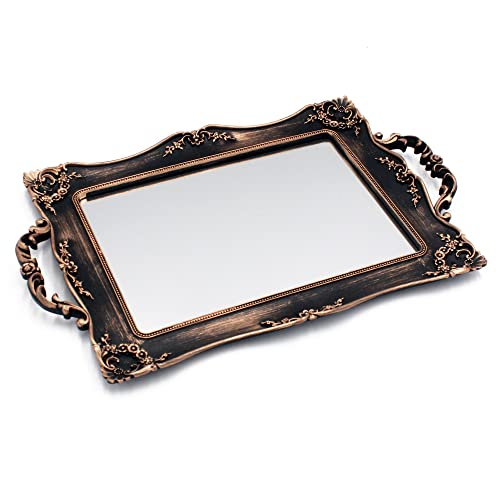 Antique Gold Framed Mirror Tray for Dresser and Cosmetics Organizer