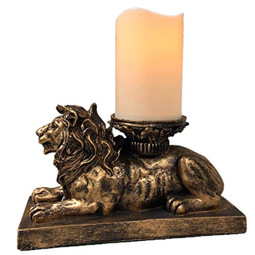 Antique Gold Lion Figurine Candle Holder with Flameless LED Pillar Candle