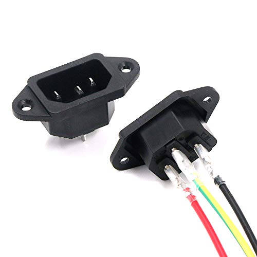 Antrader 2pcs IEC 320 C14 Male 3 Pins Screw Mount Inlet AC Power Plug Adapter Connector Socket AC 250V 10A Black with Wires
