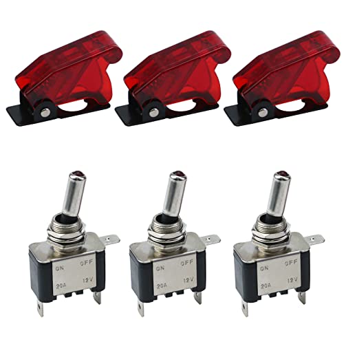 Antrader Car Racing Red LED On/Off Aircraft Type SPST Toggle Rocker Switch Control Flip Cover 12V 20A Pack of 3