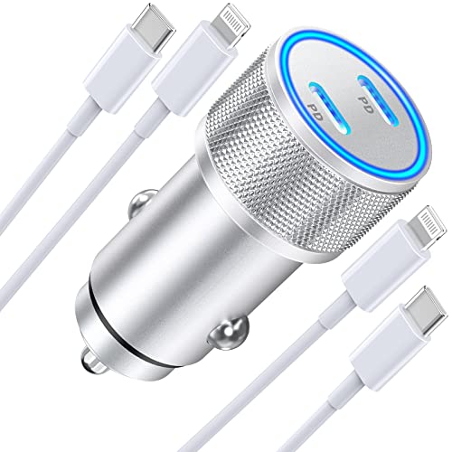 [Apple MFi Certified] iPhone Fast Car Charger, Linocell 60W Dual USB C Power Delivery All Metal Rapid Car Charger Adapter with 2Pack Type C to Lightning Cord Quick Car Charging for iPhone/iPad/Airpods