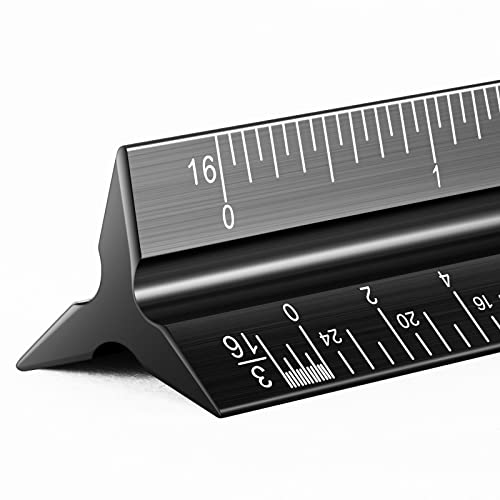 Architectural Scale Ruler for Blueprint, 12'' Metric Metal Engineers Triangle Drafting Ruler with Imperial Measurements for Architects Engineering, Artists, Draftsman Drawing, Laser-Etched Markings