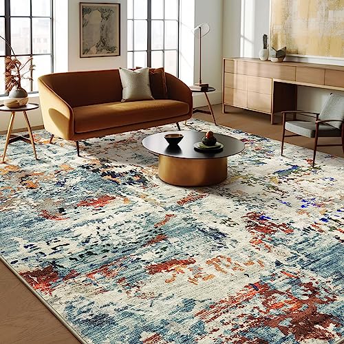 Area Rug Living Room Rugs - 8x10 Washable Large Modern Abstract Soft No Slip Indoor Rug Thin Floor Carpet for Bedroom Under Dining Table Home Office Decor - Blue