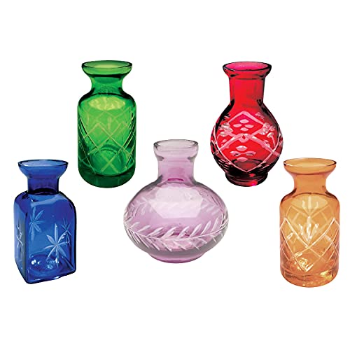 ART & ARTIFACT Mini Vases for Flowers - Small Glass Vases, Clear 5 Set Single Bud Vases for Room Decor - Jewel Tones