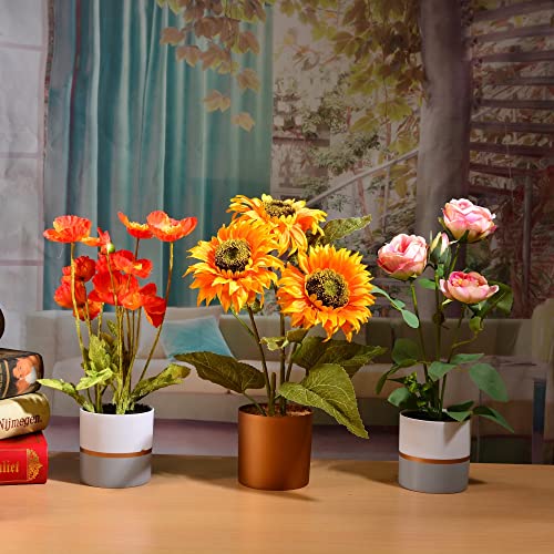 Artificial Flower Potted Plant Set - Faux Poppy, Sunflower, Rose