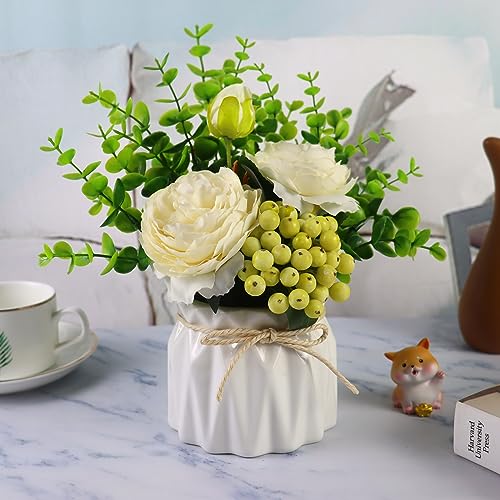 Artificial Peony Silk Flowers with Small Ceramic Vase