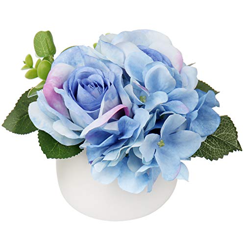 Artificial Potted Flower Shabby Shic Decoration Fake Flowers Roses Hydrangeas Arrangements with Ceramic Vase for Home Decor Artificial Flowers in Vase Farmhouse Decor Blue Faux Flowers in Vase-6 IN