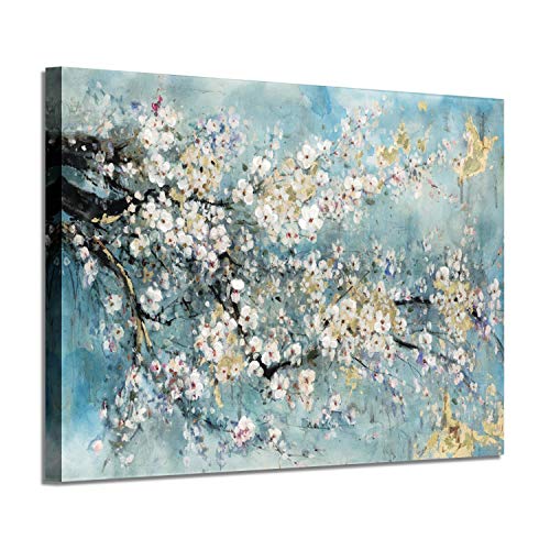 ARTISTIC PATH Abstract Canvas Painting Flower Picture: Teal Floral Golden Foil Wall Art