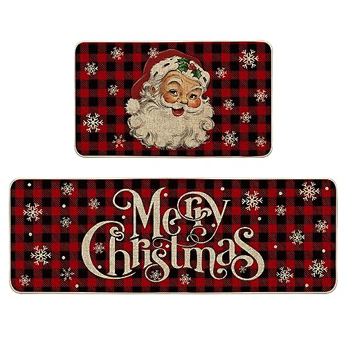 Artoid Mode Buffalo Plaid Snow Santa Claus Christmas Kitchen Rugs Set of 2