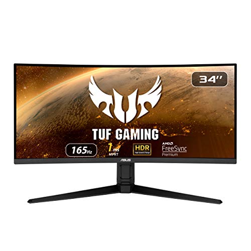 ASUS TUF Gaming 34 Inch Curved Gaming Monitor - WQHD (3440x1440), 165Hz, 1ms, Extreme Low Motion Blur, FreeSync Premium, Eye Care, Height Adjustable, DisplayHDR 400, DisplayPort, HDMI, USB - VG34VQL1B