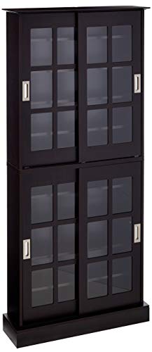 Atlantic Windowpane Media/Storage Cabinet - Tempered Glass Pane Sliding Doors, Stores Optical Media Like CD/DVD/BD/Game Discs, Collectables & Memorabilia Collections, PN 94835757 in Espresso