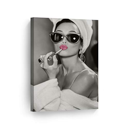 Audrey Hepburn Wall Art Makeup Pink Lipstick CANVAS PRINT Iconic Pop Art Pretty Beauty Black and White Home Decor Artwork Gallery Stretched and Ready to Hang - %100 Handmade in the USA - 12x8