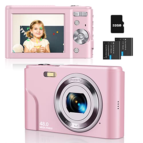 Auto Focus Point and Shoot Camera for Kids, FHD 1080P 48MP, Pink