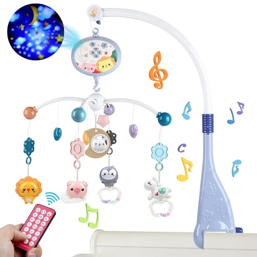Baby Crib Mobile with Music and Lights, Hanging Rotating Animals Rattles, Stars Projection, Remote Control, for Boy Girl Newborn Baby Toys 3-6 Month, Baby Teething Toys for Bite Grip, Blue Upgraded