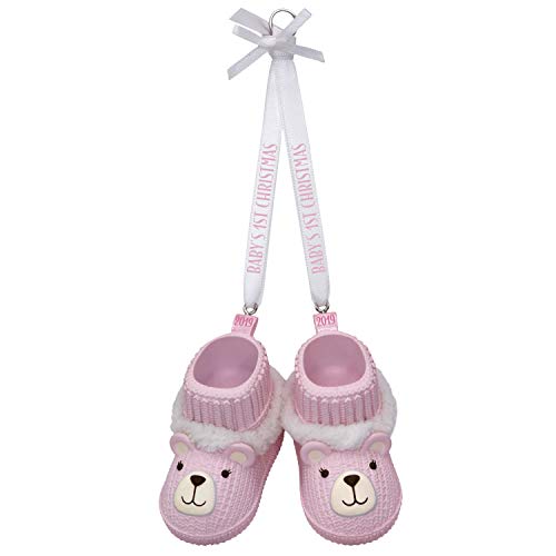Baby Girl's First Christmas Pink Teddy Bear Booties Ornament