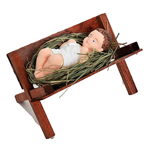 Baby Jesus in Wooden Manger Laying on Natural Hay, 4 Inch Small Nativity Figurine