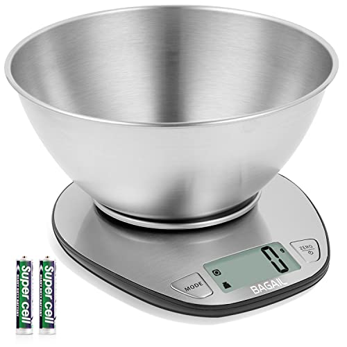 BAGAIL Electronic Kitchen Scale Premium Large Display Backing Scale Wet and Dry Food Weighing Scale with Stainless Steel Mixing Bowl - 5kg