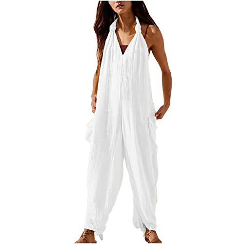 Baggy Cotton Linen Overalls Sleeveless Casual Comfy V Neck Rompers