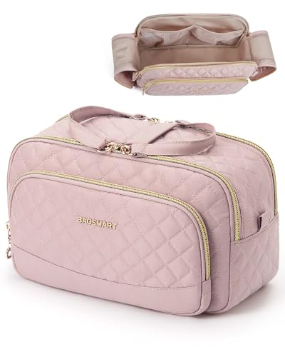 BAGSMART Makeup Bag Large Cosmetic Bag Organizer, Portable Makeup Travel bag for Women for Travel Accessories, Makeup Case Toiletry Bag with Dual-Zippered Wide-Open and Handle-pink