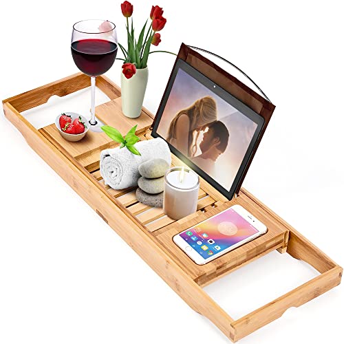 Bamboo Bathtub Tray with Reading Rack and Wine Glass Holder