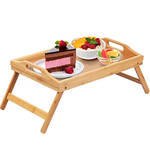 Bamboo Bed Tray Table with Folding Legs and Handles