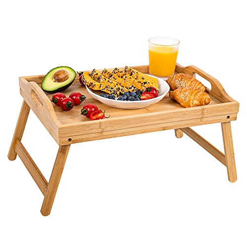 Bamboo Bed Tray,Breakfast Tray with Folding Legs Serving Tray with Carrying Handles Portable Lap Tray Lightweight Decorative Tray Food Tray for Breakfast in Bed,Reading or Working (17.1 Inch).