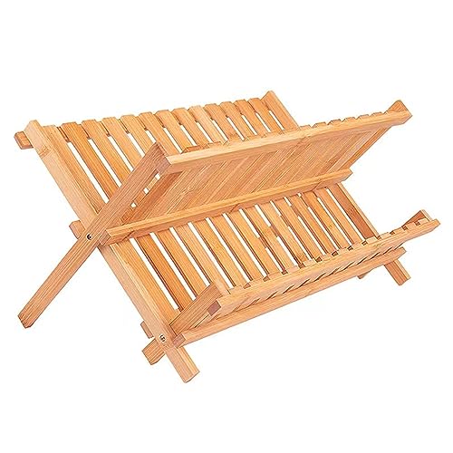 Bamboo Dish Drying Rack - Large 2 Tier Wooden Plate Rack
