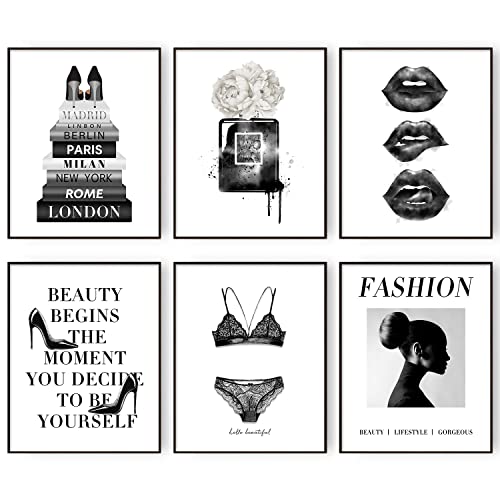 BARATIE Glam Fashion Wall Art Bedroom Decor for Women Black and White Wall Art Prints Makeup Wall Decor Girls Room Artwork Wall Pictures Set of 6 Home Decor (8"x10" UNFRAMED, Black and White)