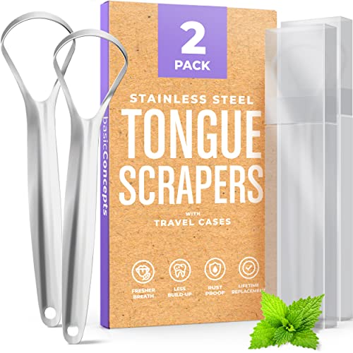 BASIC CONCEPTS Tongue Scraper: Reduce Bad Breath, Stainless Steel, Travel Cases Included