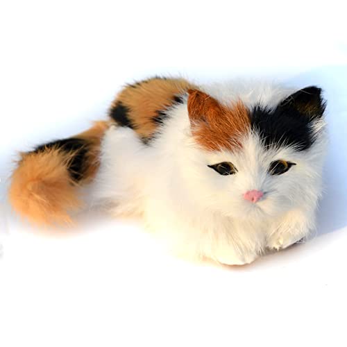 Basuo-9Q Realistic Furry Baby Calico Cat Figurine Simulation Kitten Home Office Car Decorative Statue/Synthetic Fur Pet Stuffed House Animal Replica/Photo Props/Collectible Gift