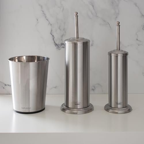 Bath Bliss Bathroom Accessories 3 Piece Trash Can, Plunger & Toilet Brush Combo Bath Set, Stainless Steel Silver