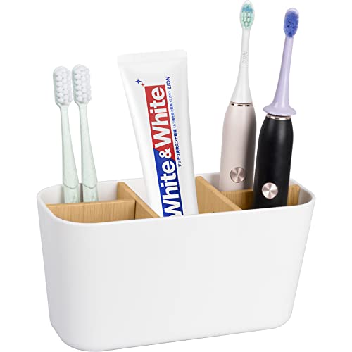 Bathroom Toothbrush Holder with Bamboo Organizer Countertop - White