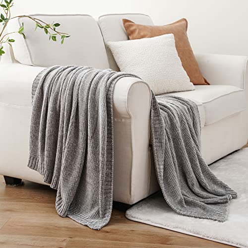 BATTILO HOME Light Grey Chenille Knit Throw Blanket