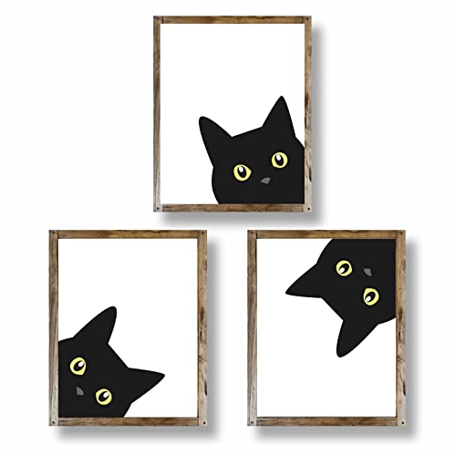 Batuba Design UNFRAMED Set of 3 Peeking Black Cat Print Wall Art Poster