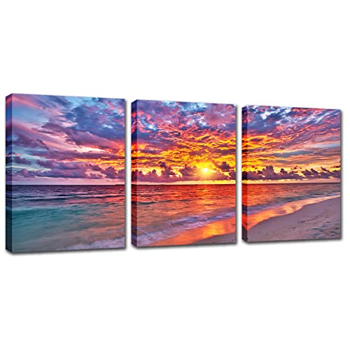 Beach Prints Home Wall Art - Sunset Coastal Seascape Pictures Red Ocean Scenery Poster Artwork Framed 12 x 16 Inches Sea Canvas Paintings 3PCS Teens Bedroom Bathroom Living Room Kitchen Décor