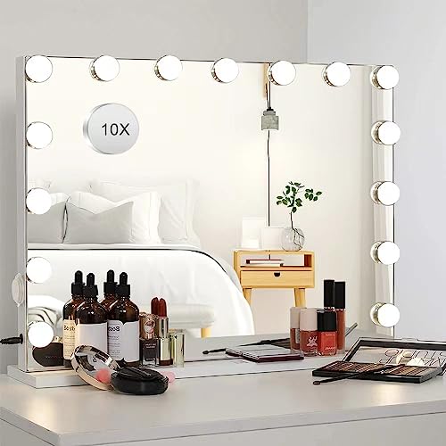 Beahome Makeup Mirror with Lights,10X Magnification,Large Hollywood Lighted Vanity Mirror with 15 Dimmable LED Bulbs,3 Color Mode,Touch Control,Tabletop or Wall-Mounted(23in), White