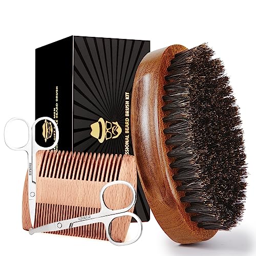 Beard Grooming Set with Boar Bristle Brush, Comb, Scissors, and Travel Bag