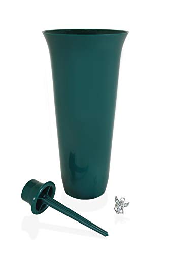 Beatherly® Plastic In Ground Cemetery Grave Site Vase with Spike -12.6 inch with Long Detachable Stake Attached -Green Memorial Vase with 4.3 inch Fluted Opening - Complete with Silver Angel Lapel Pin