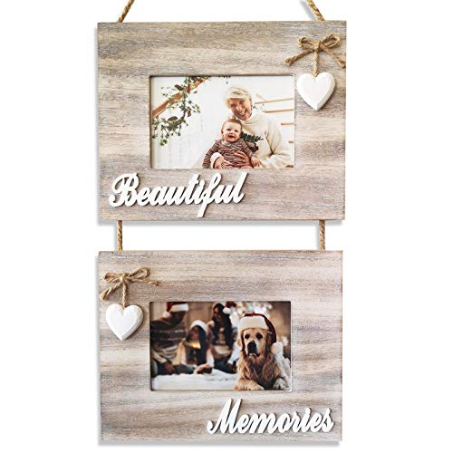 Beautiful Memories Double Wall Hanging Family Picture Frame - 4x6 Picture Frames Collage Wall Decor - Hanging Photo Display Frames Whitewash Style Wood Shabby Chic Beach - Marcos Para Fotos De Pared