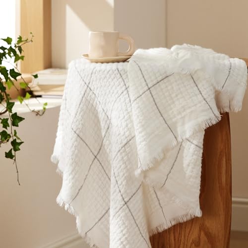 Bedsure Decorative Cream Woven Throw Blanket with Tassels