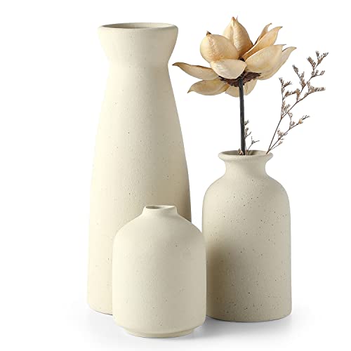Beige Ceramic Vase Set-3: Modern Boho Farmhouse Home Decor