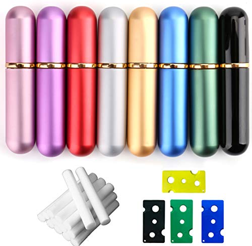 Bekith Set of 8 Colors Empty Essential Oil Personal Inhaler Refillable Aluminum and Glass - Nasal Inhalers Set with 20 Cotton Wicks and 4 Opening Tool