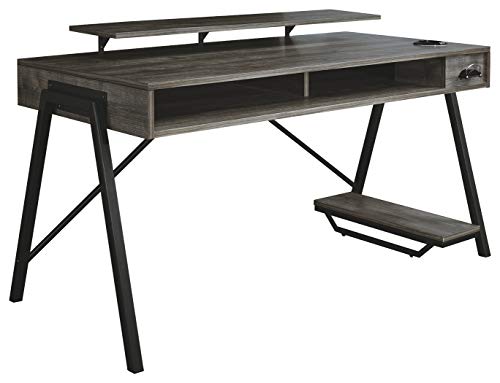 Benjara LED Back Light Wooden Gaming Desk with Can Cooler and USB Port, Gray
