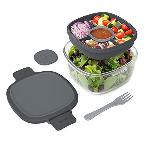Bentgo® Glass All-in-One Salad Container - Large 61-oz Salad Bowl, 4-Compartment Bento-Style Tray for Toppings, 3-oz Sauce Container for Dressings, and Built-In Reusable Fork (Dark Gray)
