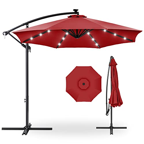 Best Choice Products 10ft Solar LED Offset Hanging Market Patio Umbrella for Backyard, Poolside, Lawn and Garden w/Easy Tilt Adjustment, Polyester Shade, 8 Ribs - Red