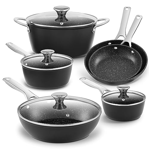 Induction Cookware Pots and Pans Set 10 Piece, BEZIA Dishwasher Safe  Nonstick Cooking Pans, Stay-Cool Bakelite Handle, Scratch Resistant Kitchen  Sets