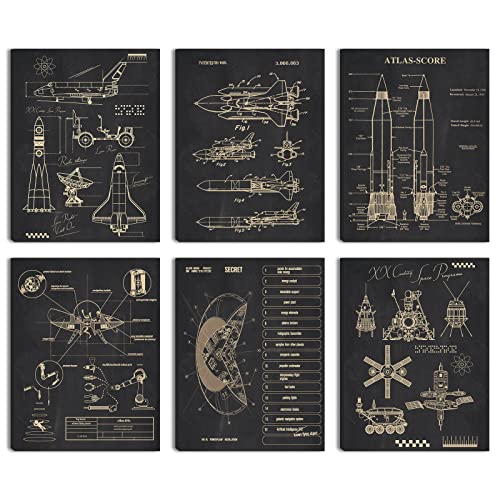 BINCUE Framed Science Wall Art Space Flight Theme Blueprint Poster Painting Modern Dark Canvas Wall Art Decor for Men Office Science Lovers 12x16 Inch 6 Piece
