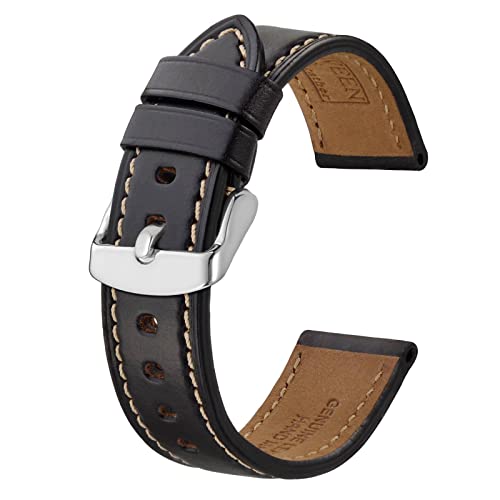 BISONSTRAP Leather Watch Band 21mm, Horween Chromexcel Leather Watch Strap for Men-Black/Silver Buckle